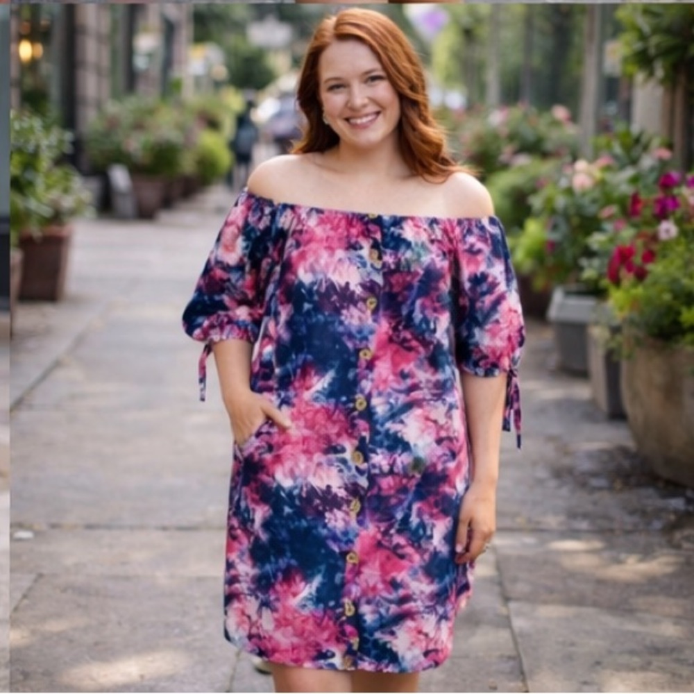 Women's Tie Dye Button-Up Knee Length Dress Multicolor Size L Vintage